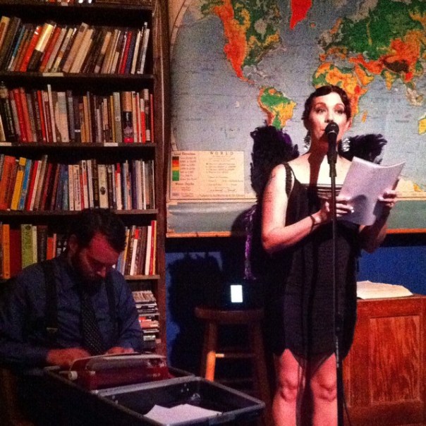 The editor & the amazing Alibi Jones welcome the crowd. Photo by Trisha Siegelstein