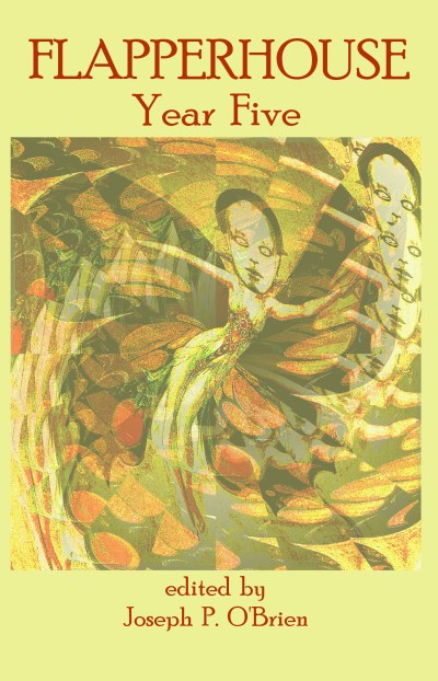 Cover of FLAPPERHOUSE Year Five, a trippy, spinning, ghostly version of our cyborg-flapper logo